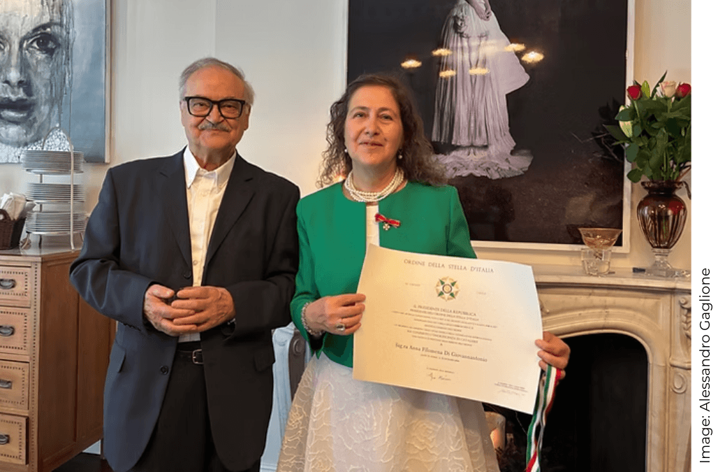Anna Di Giovannantonio (Adult Education Tutor) receiving Honorary Knighthood of the Order of the Star of Italy