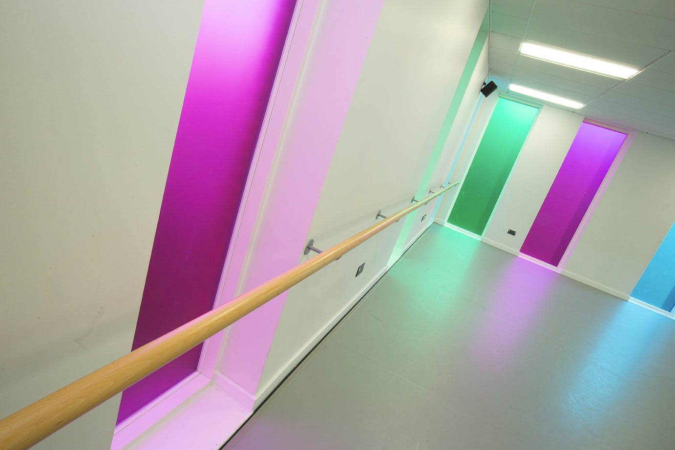 View of the coloured windows in the dance studio