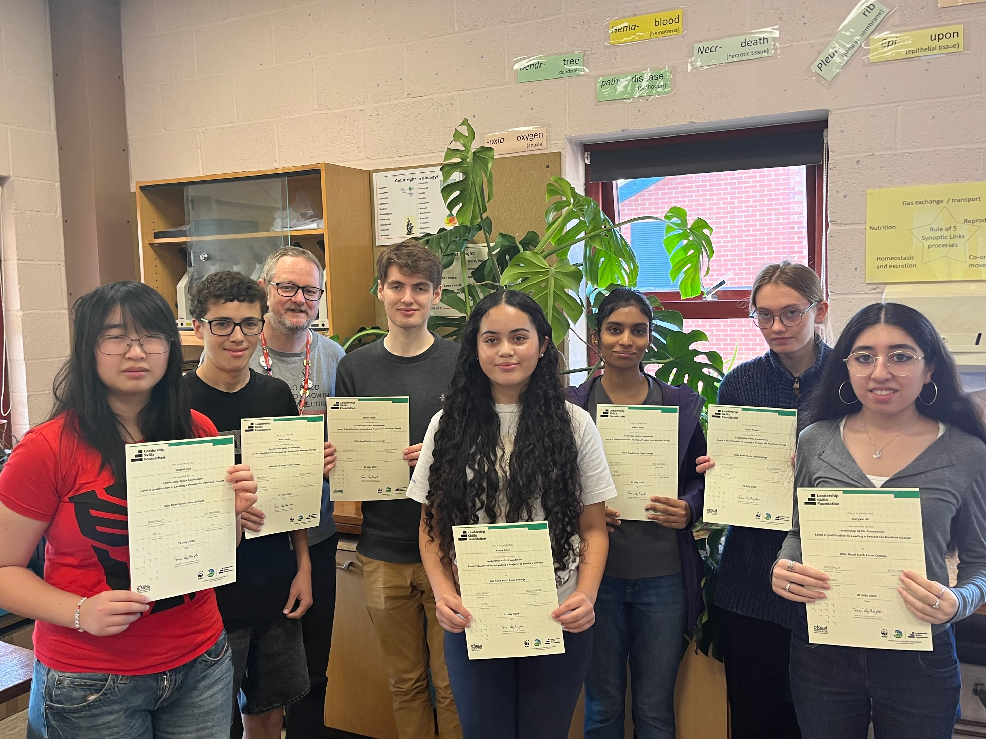 Students (L-R) Yingfei Luo, Alex Davis, Ethan Flynn, Fiona Price, Maitri Patel, Freya Rogers and Maryam Ali were among the participants in the programme. Shown here with Head of Sustainability, Chris Graham (third from left).