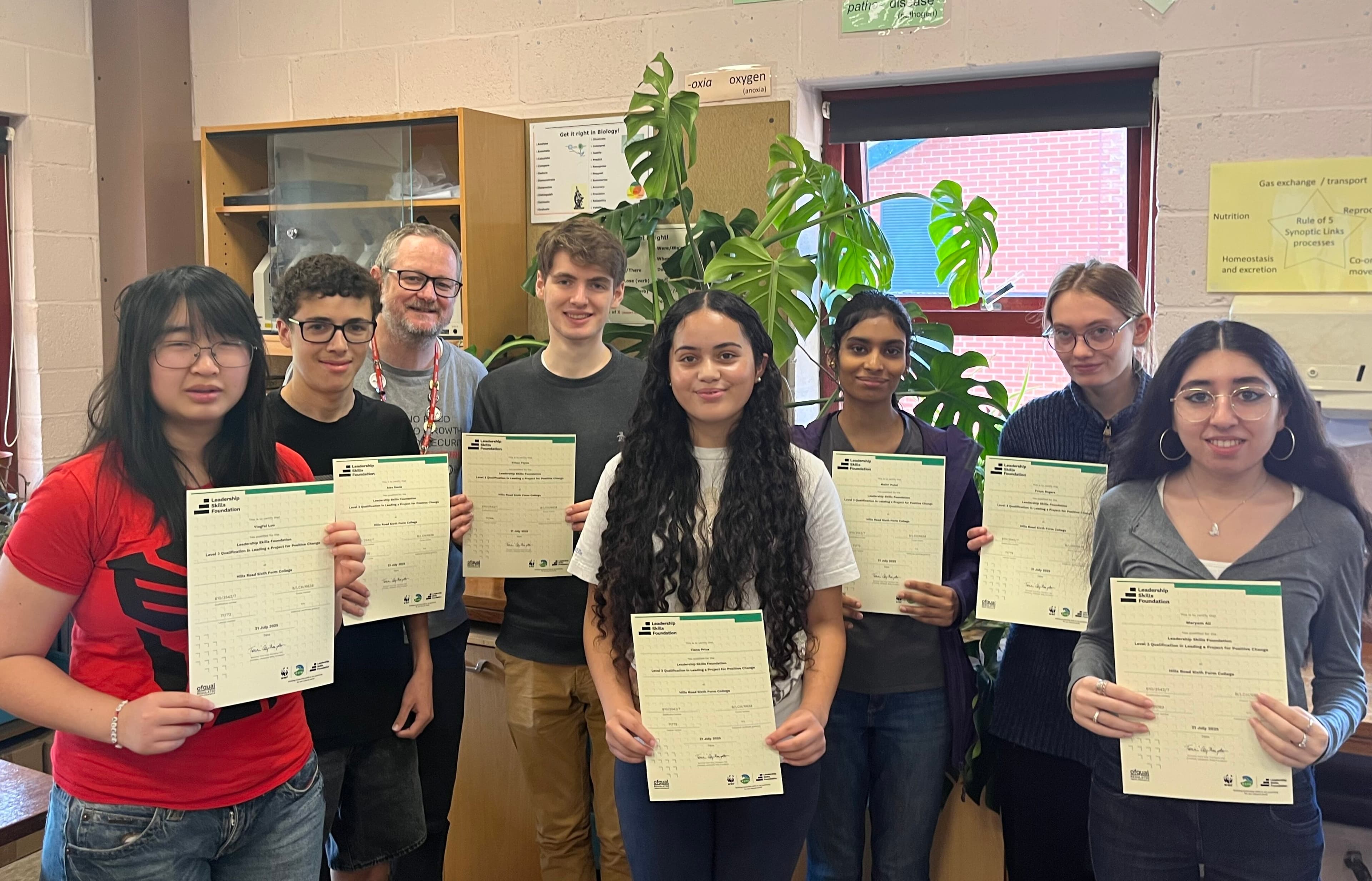 L-R students Yingfei Luo Alex Davis Ethan Flynn Fiona Price Maitri Patel Freya Rogers Maryam Ali with Chris Graham