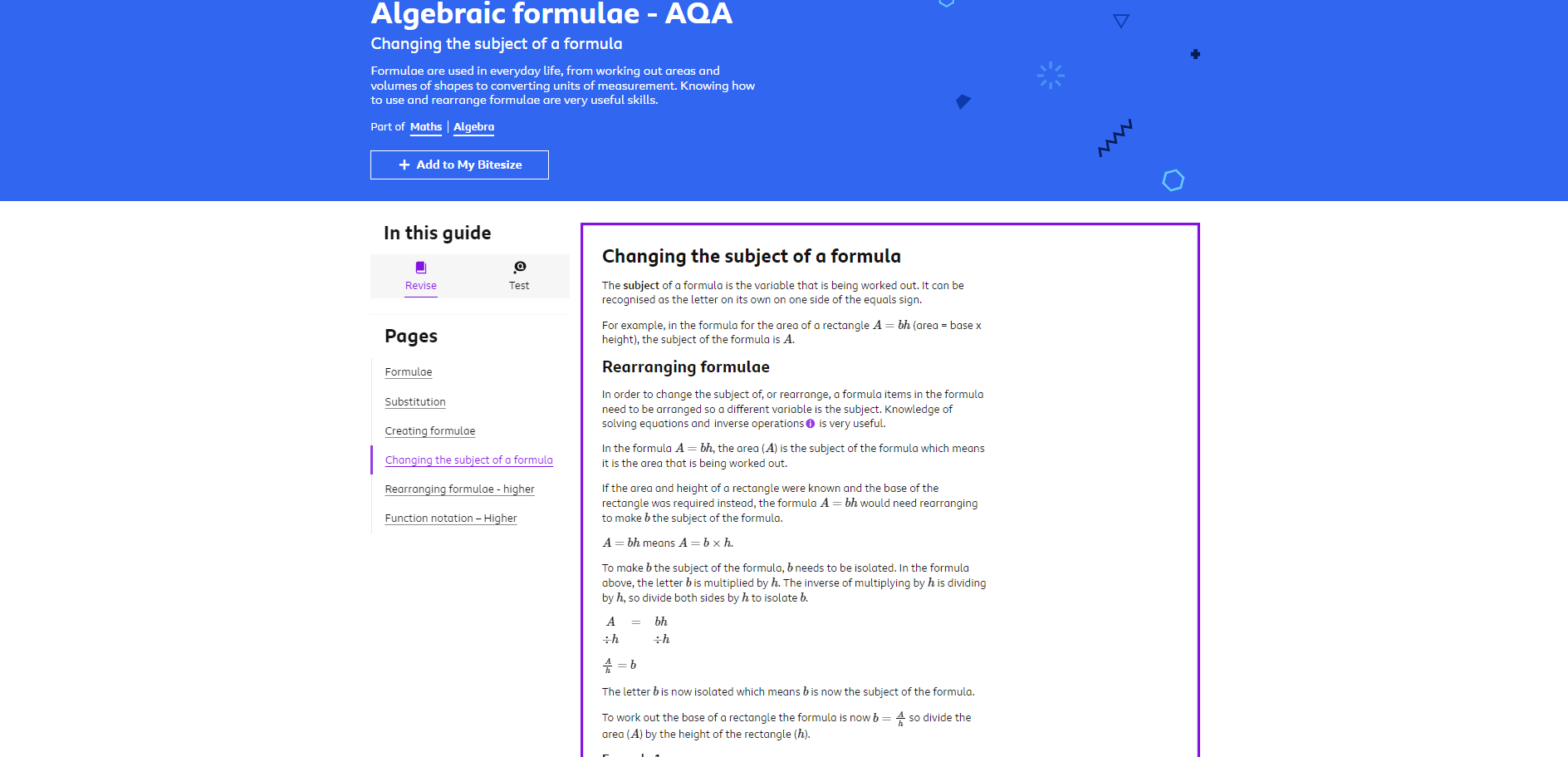 Algebraic formulae AQA