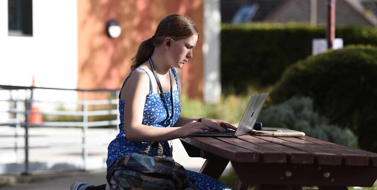 Student working on laptop sitting outside