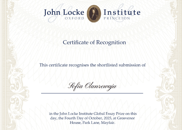 Part of Sofia's essay competition certificate
